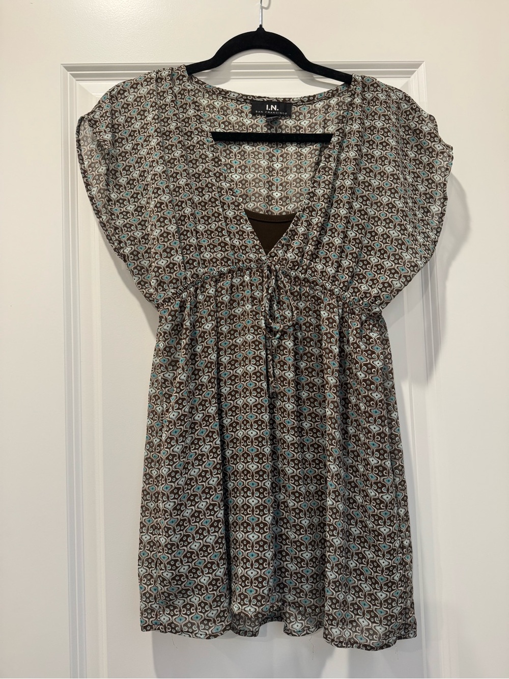 I.N. San Francisco Brown and Light Blue Printed V-Neck Tunic